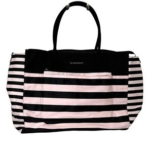 Victoria's Secret Weekender Tote Black and Pink Striped Canvas Shoulder Strap